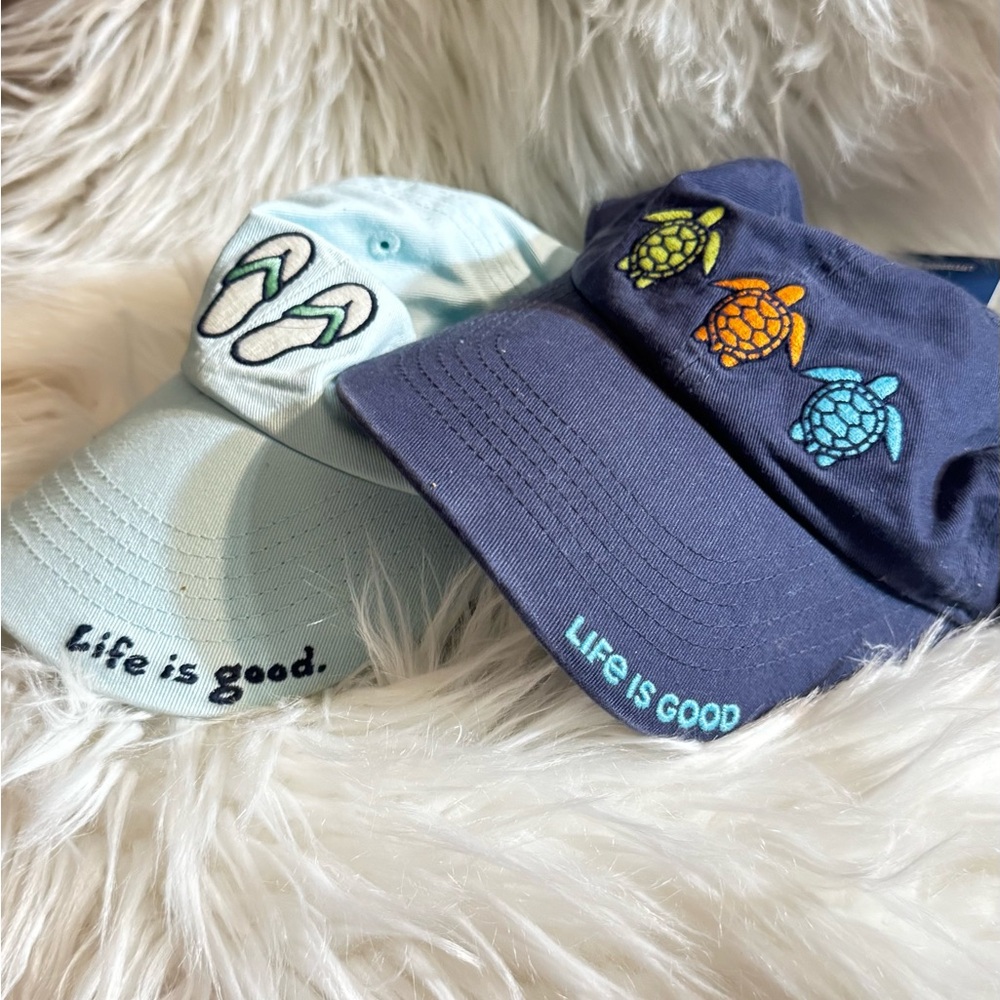 Life Is Good Light Blue and Navy Caps with Embroidery